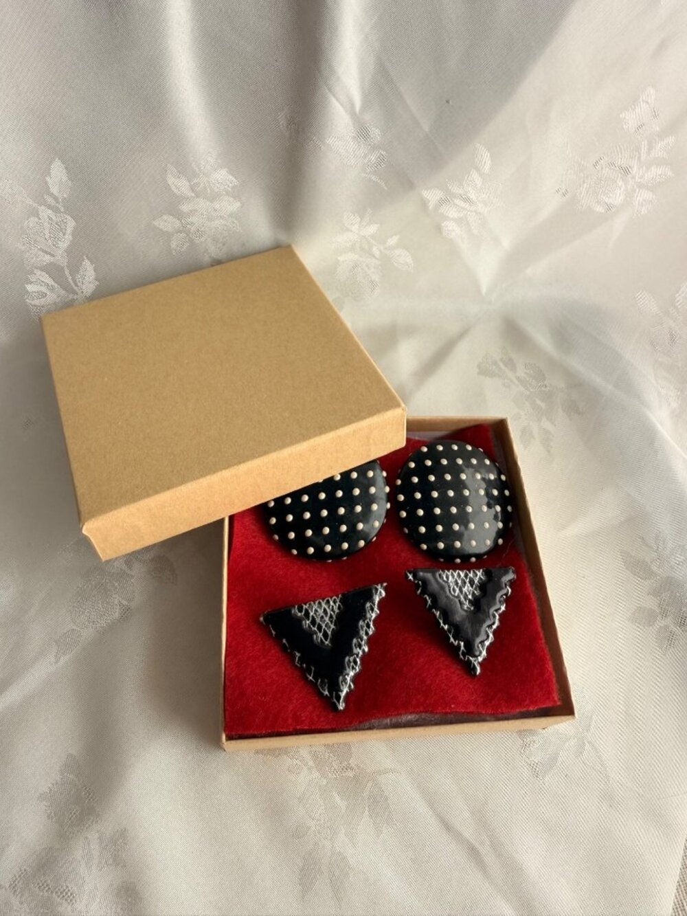 Vintage Black Statement Earrings Set - Polka Dot Round & Triangle Design